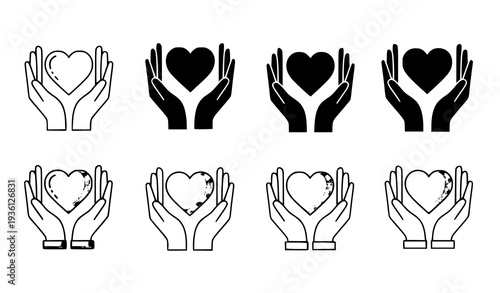 A set of black and white vector icons depicting hands holding hearts