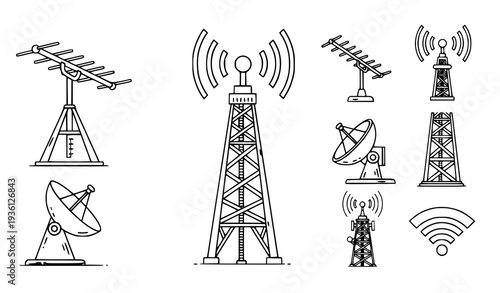 A set of vector graphics depicting various communication towers and antennas
