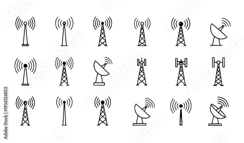 A set of black and white line art illustrations of various communication towers and satellite dishes