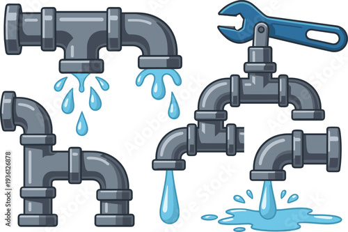 Cartoon illustration of five leaking water pipes with dripping and pouring flows, plumbing repair concept, household maintenance issues, broken pipe design, water waste problem artwork