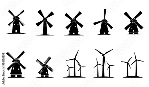 A set of black silhouettes of windmills and wind turbines on a white background