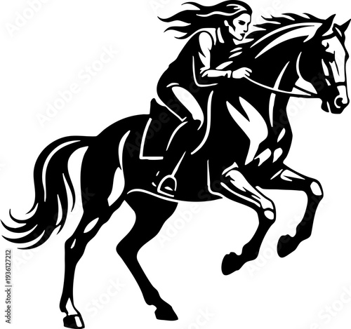 Woman Riding a Galloping Horse Black and White Illustration