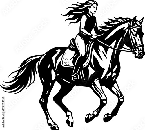 Black and White Illustration of a Woman Riding a Galloping Horse