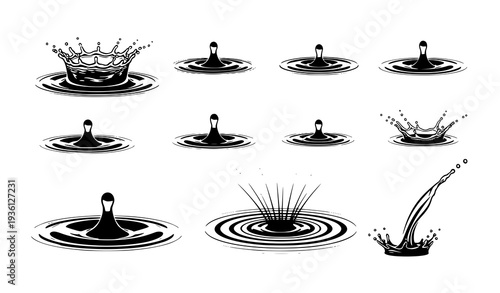 High contrast water splash silhouette vector set with diverse impact moments
