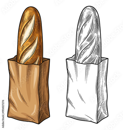 Freshly baked bread loaves in brown and white paper bags on a clean background viewed from the front