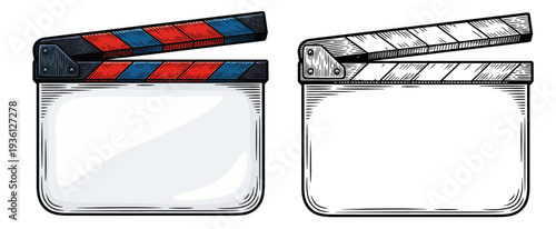 Film clapperboards with colored and plain tops illustrated in a side-by-side comparison on a transparent background