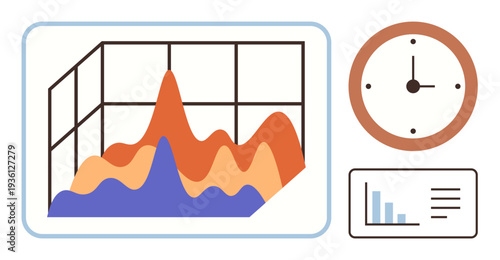 Business analysis, data tracking, performance metrics, time management, financial review, information design. Graph with peaks, clock and bar chart. Business analysis and data tracking concept