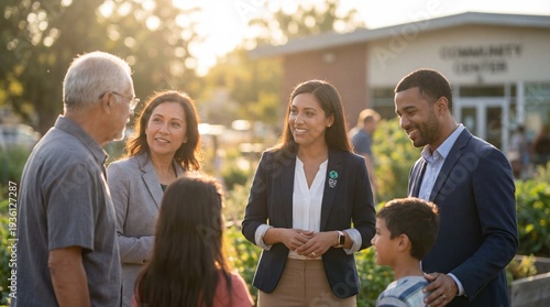 Female community leader engaging with a multi-generational family outdoors at sunset.