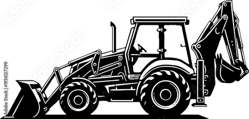 Black and white backhoe loader excavator vector illustration
