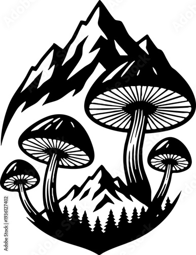 Vintage Woodcut Illustration of Mushrooms and Mountains Badge