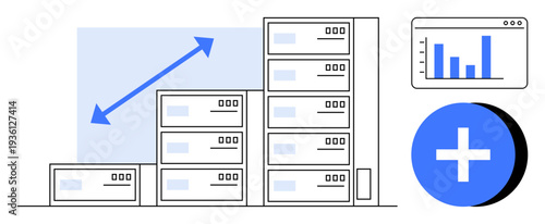 Data storage system. Server racks showcase expanding storage solutions. Analytics chart highlights performance. Data storage supports business, cloud computing, analytics, and infrastructure growth