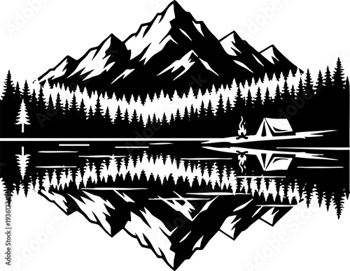 Mountain landscape reflection in lake with camping tent vector