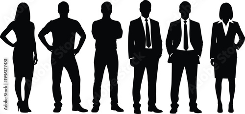 Business people silhouettes, corporate team standing, professional men and women, leadership concept, business team group, isolated vector illustration