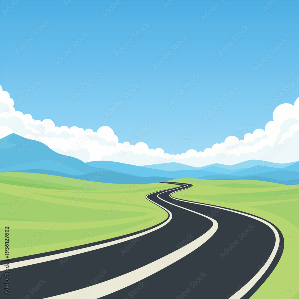 Obraz premium Winding Road Landscape, Cartoon Vector Illustration. Scenic Highway Through Green Hills with Blue Mountains and Clouds. Summer Countryside Square Background. Curved Asphalt Road Perspective