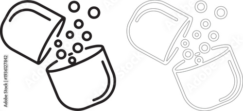 Open pill capsule with falling particles line medicine