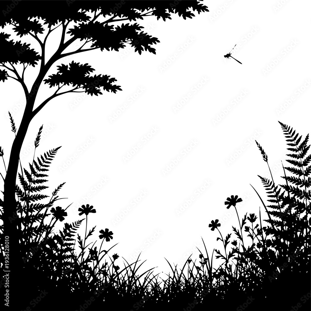 Obraz premium Black and white nature silhouette frame with tree and flowers