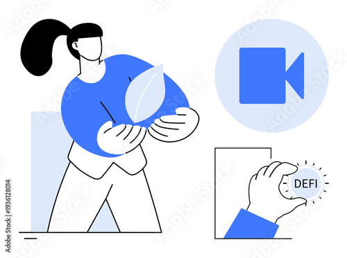 Environmental sustainability, decentralized finance, smart investments, digital communication, video streaming, technology. Person holding a leaf symbol, blue video icon DEFI button. Sustainability