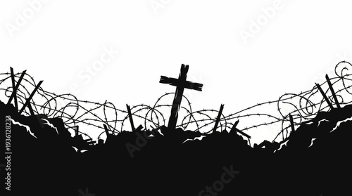 War Remembrance Cross and Barbed Wire Silhouette Illustration