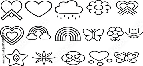 A collection of 12 simple line drawings of various shapes and symbols
