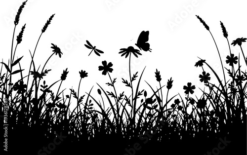 Grass and flower meadow silhouette with butterfly and dragonfly