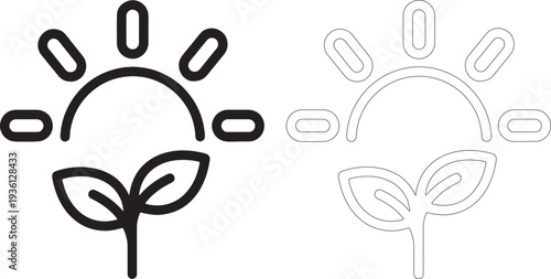 Black and white line of a sprouting plant with sun