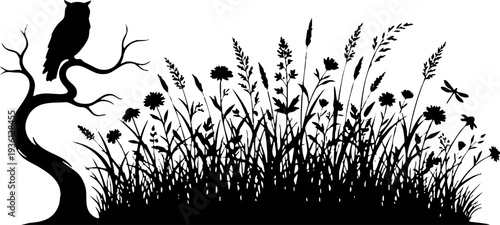 Owl silhouette on a tree branch by a wildflower meadow