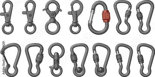 Carabiner clips and snap hooks collection metal climbing connectors keychain hooks safety lock carabiners vector illustration set isolated