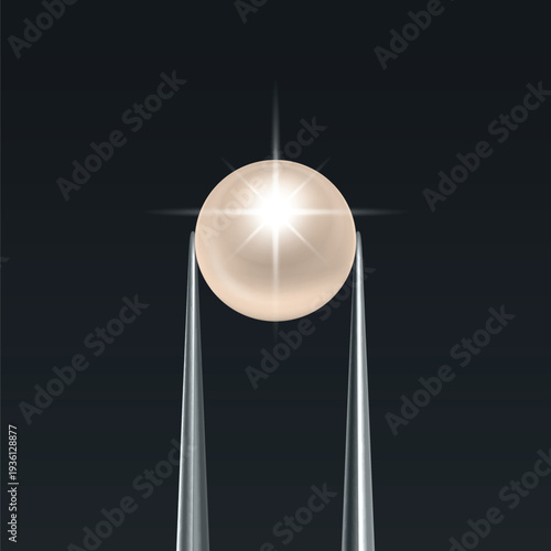 Vector Jewelry Tweezers Holding Pearl Bead on Black Background. Luxury Pearl Jewelry Banner, Elegant Pear Template for Jewelry Store, Fashion Accessory, Gemstone Design, Precious Stone Decoration