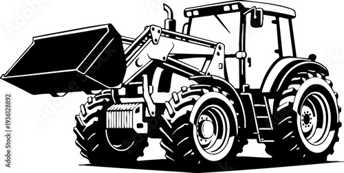 Black and white vector illustration of a tractor with front loader
