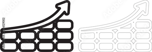 Black and white line of stacked rectangles with upward arrow