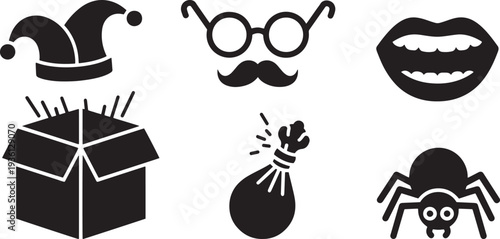 Classic prank icons including jester hat and disguise glasses with mustache plus spider and surprise box for april fool day party design materials