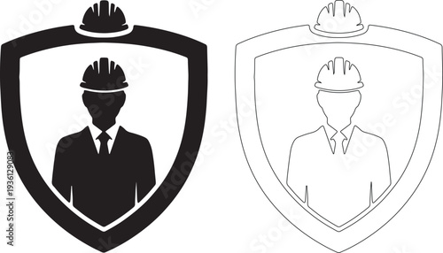 Black silhouette and outline shield with hard hat worker