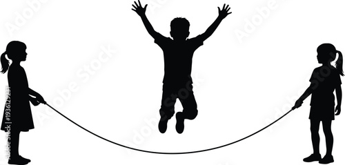 Children jumping rope silhouette kids playing skipping game outdoor activity childhood fun vector illustration isolated on white background
