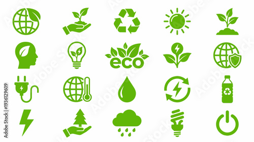 Eco friendly icons for sustainable living and green energy solutions
