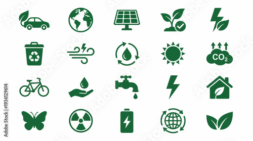 Eco friendly icons for sustainable living and green technology solutions