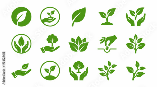 Green leaf and plant icons for ecology and growth concepts
