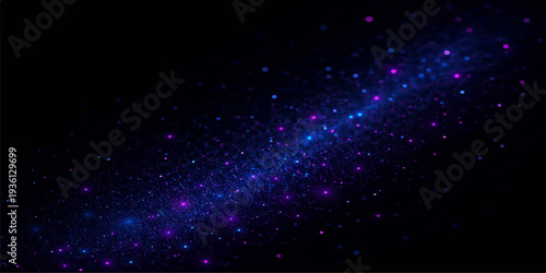 An abstract blue cosmic background features a deep starry sky filled with glowing particles and a purple nebula shimmering across the dark expanse of the outer space galaxy