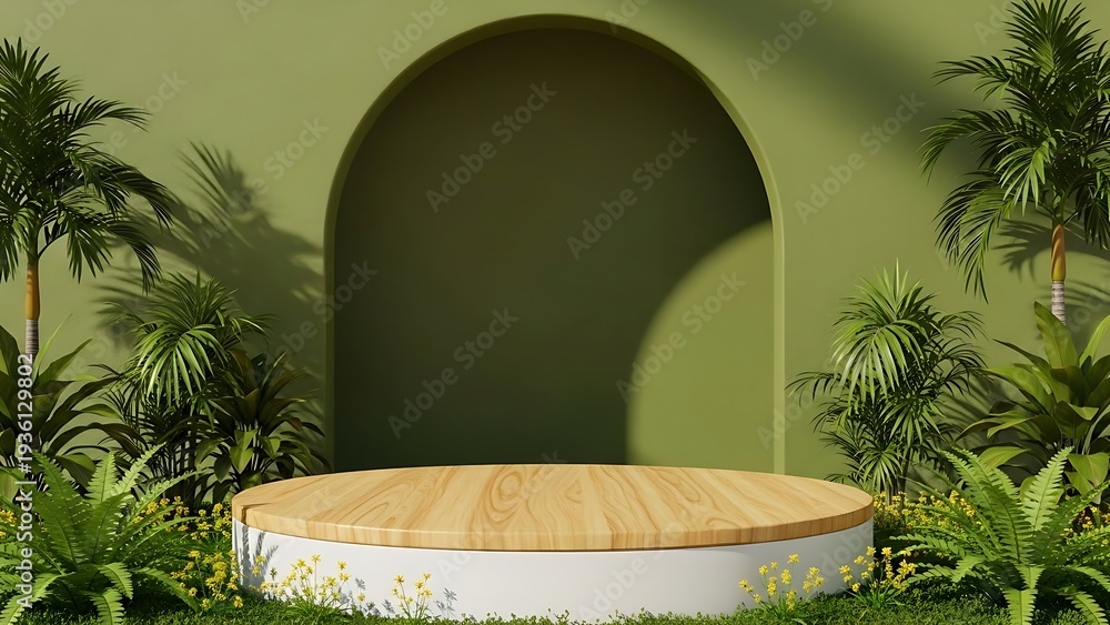 Fototapeta premium Green wall with archway and wooden platform surrounded by tropical plants for product display