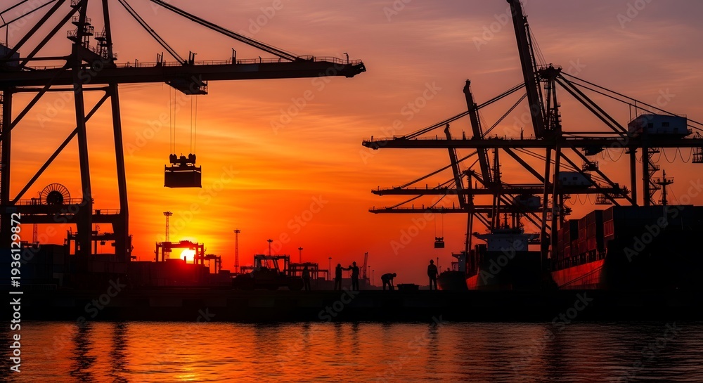Obraz premium Silhouette of Cranes at a Busy Port During a Vibrant Sunset.