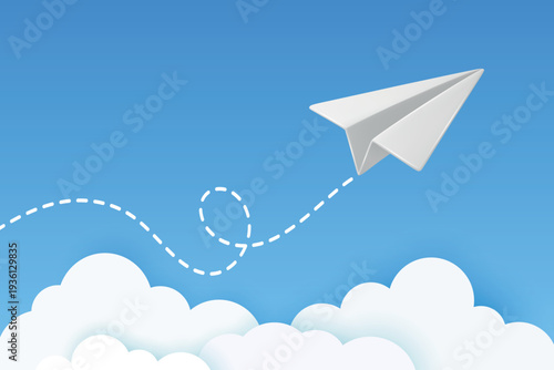 White Paper Airplane Icon, Vector Illustration. Flying Paper Plane with Dotted Line Trail. Email, Message Symbol. 3d White Paper Airplane on Blue Sky Background