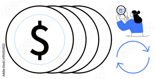 Financial concepts. Financial analysis using currency symbols, magnification of data, and process flow design. Financial strategy, economic planning, data transparency, trade, ecommerce