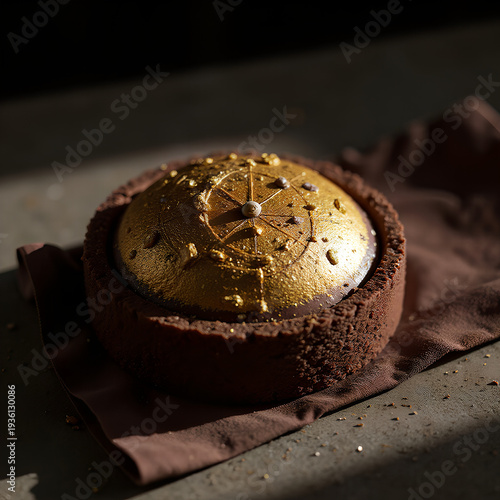 Luxurious chocolate tart with golden decoration on brown napkin