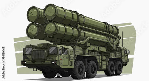 Military Vehicle Launching Large Missiles on White Background.
