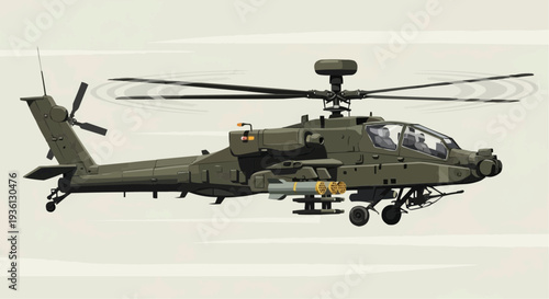 Military helicopter in flight with rotor blades spinning.