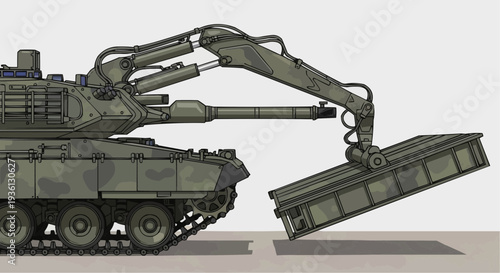 Military tank with excavator arm and bucket.