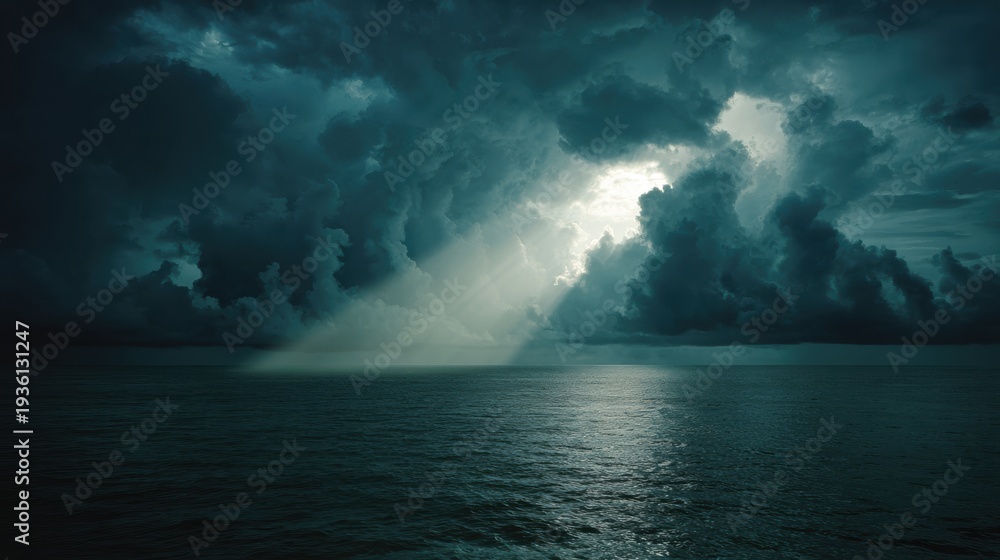 Obraz premium Storm Moves Over Sea With Sunbeam Reaching Water as a Sign of Hope After a Difficult Time, Capturing the Moment of Change Around Sunset