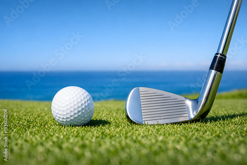 Golf Ball and Club on Pristine Green Grass with Ocean Background