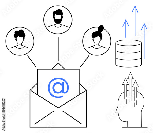 Email communication. Email symbol efficient data sharing and connecting users. Email facilitating interaction, data exchange, and team collaboration. Ideal for teamwork, networking, digital