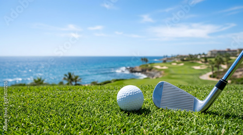 Golf Ball and Club on Pristine Green Grass with Ocean Background