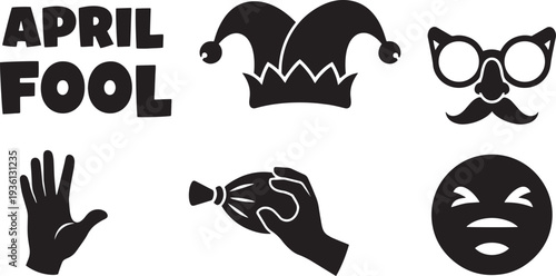 April fool day celebration icon set featuring jester hat masquerade glasses and funny hand gesture with whoopee cushion on transparent background